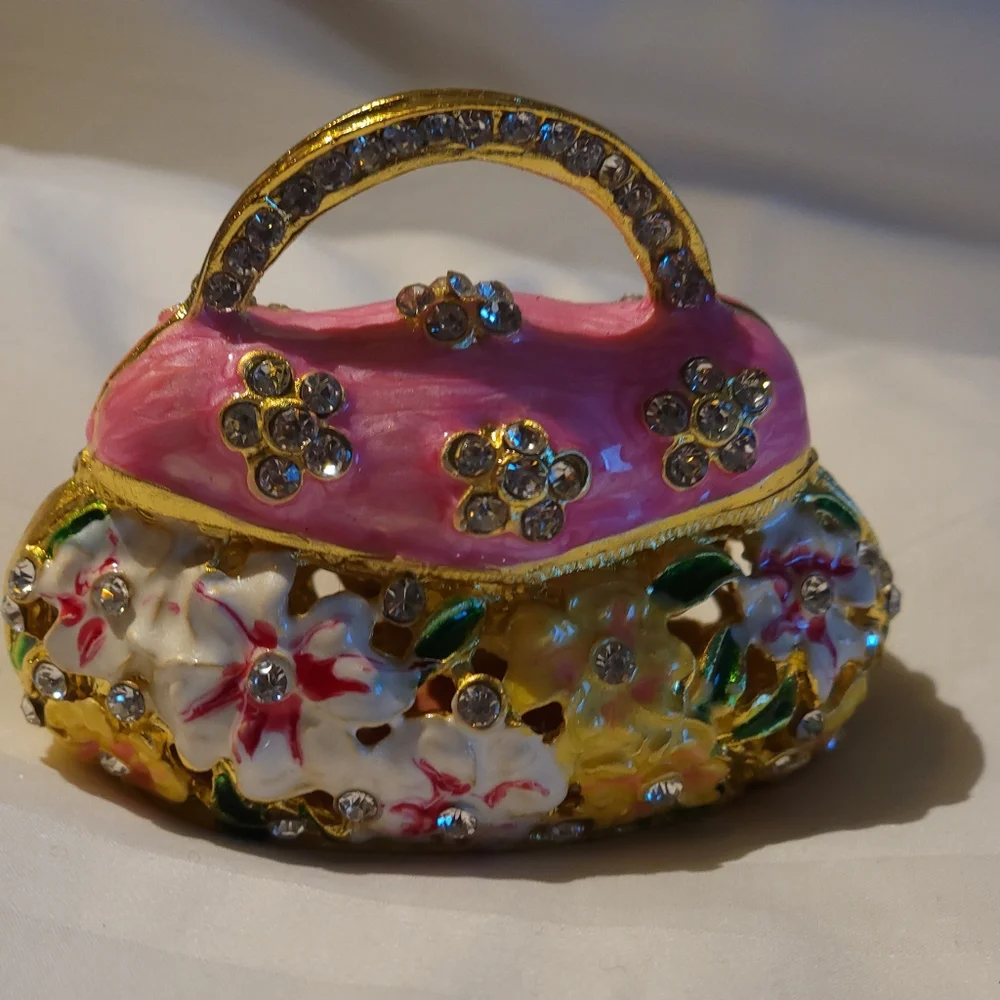 Bejeweled Trinket Hinged Flower Purse  Metal - New